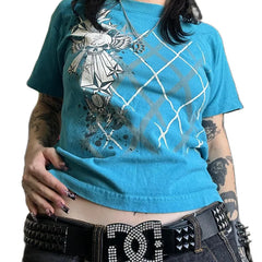 JazzHer 00s Retro Janpanese Style Edgy Techno Crop Tops Y2K Grunge Emo Skull Tee Star Plaid Graphic Print T-shirt E Girl Gothic Clothes