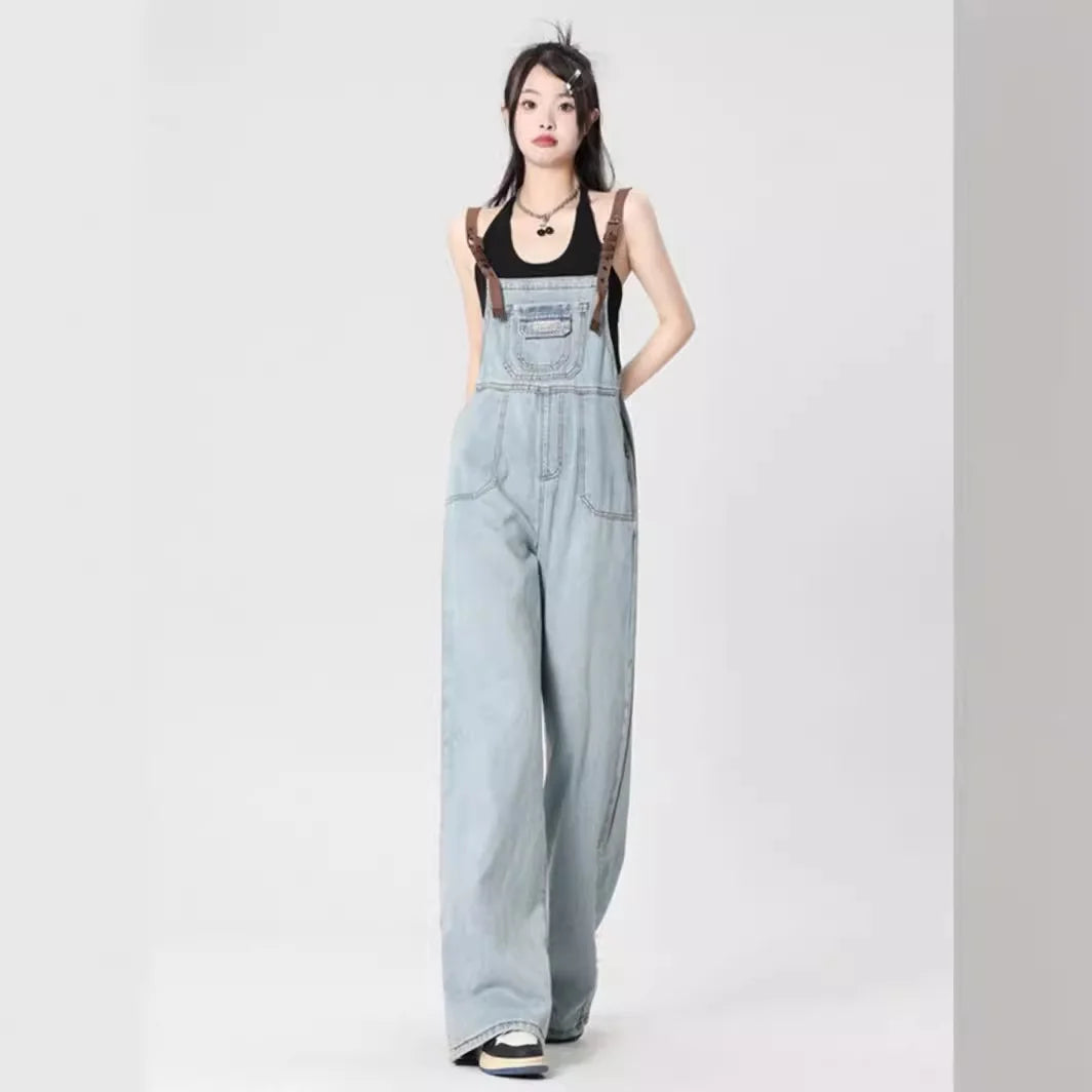 JazzHer Overalls Women Jeans Mid Waist Wide Leg Pants Full Length Jean Loose Fit Denim Washed Pockets High Street Solid Spliced