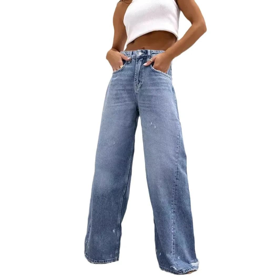 JazzHer Wide Leg Pants Ripped Hole Jeans Washed Denim Full Length Pants Spliced High Waist Zipper Fly Jean Loose Fit Basics Pockets