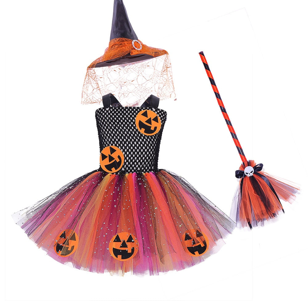 JazzHer Halloween Awakecrm Halloween Girls Tutu Dress Rainbow Tutu For Kids Carnival Party Costume Tulle Dresses With Hat Broom Pumpkin Monster Cosplay