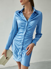 JazzHer Elegant Satin Slik Ruched Shirt Dress Women  Long Sleeve V-Neck Single Breasted Summer Dress Solid Slim Work Dress