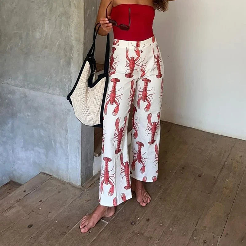 JazzHer Summer Outfits Women Vintage 2 Piece Set Lobster Print Front Tie-up Puff Sleeve T-shirt + Wide Leg Long Pants Lounge Streetwear