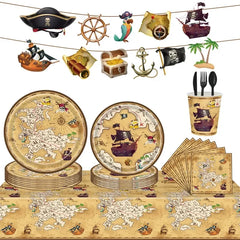 JazzHer Pirate Theme Disposable Tableware Treasure Map Ship Paper Plate Cup Tablecloth Kids Boy Pirate Birthday Party Decoration Supply