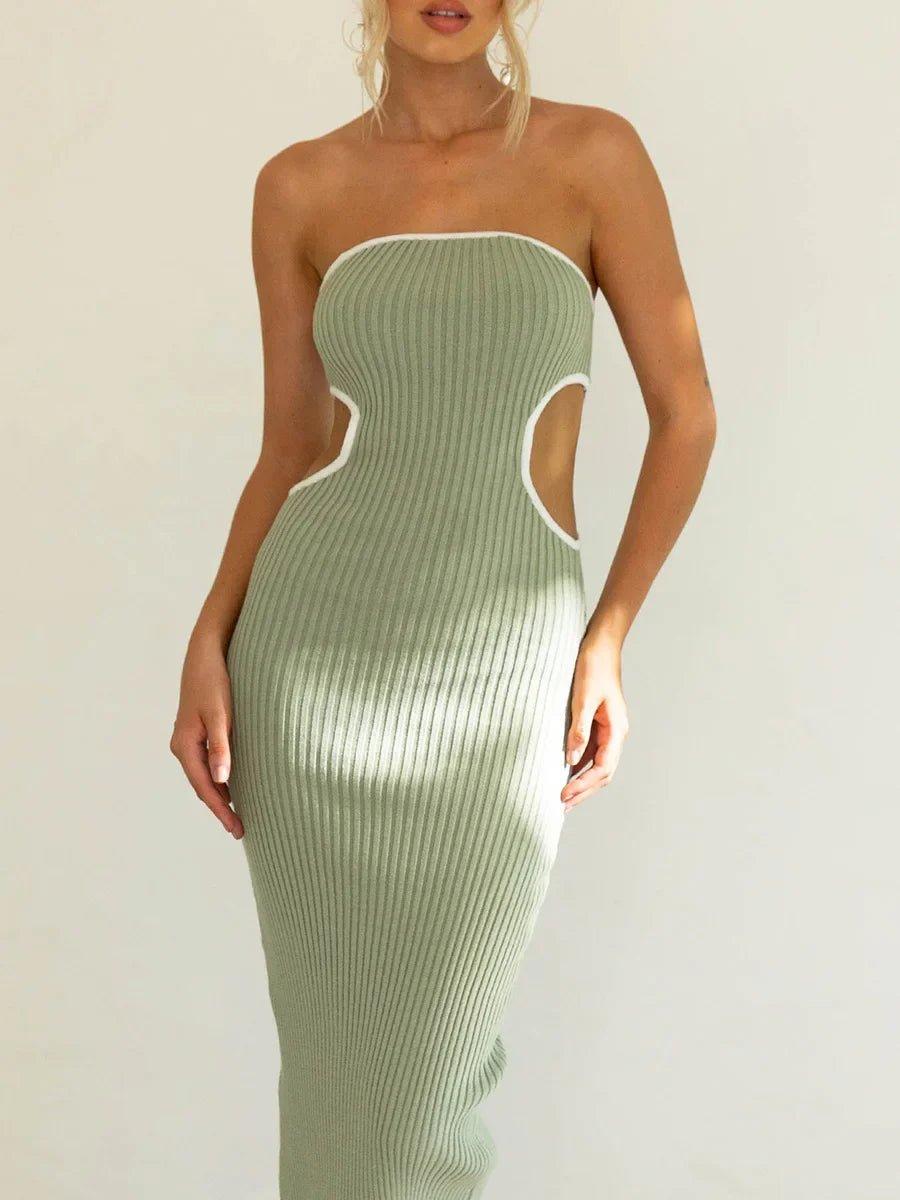 JazzHer Women Summer Knit Strapless Dress Side Cutout Backless Ribbed Patchwork Long Dress Bodycon y2k Tube Top Beach Dresses