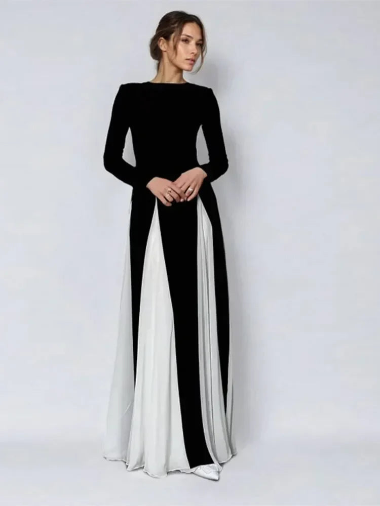 JazzHer Elegant Black White Patchwork Maxi Dresses Women Fashion O-neck Long Sleeves Slim Dress New Female Evening Party Robes