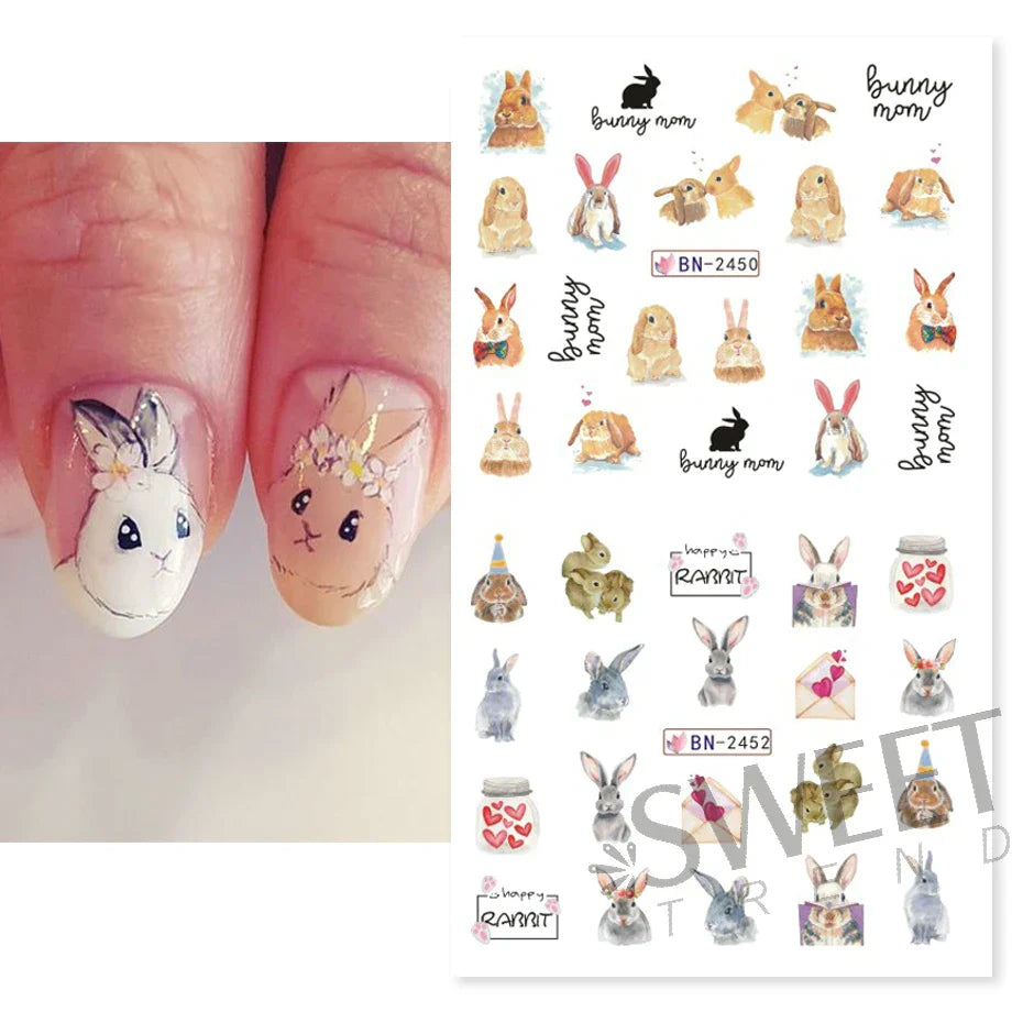 JazzHer Cute Rabbit New Year Nail Stickers 3D Cartoon Wisdom Bunny Transfer Sliders Spring Flowers Watercolor Anime Manicure Decals LYBN