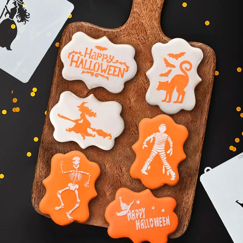 JazzHer Halloween Cookie Coffee Spray Stencils Template Mesh Biscuit Cutter Fondant Cake Mold DIY Halloween Party Decoration Baking Tool