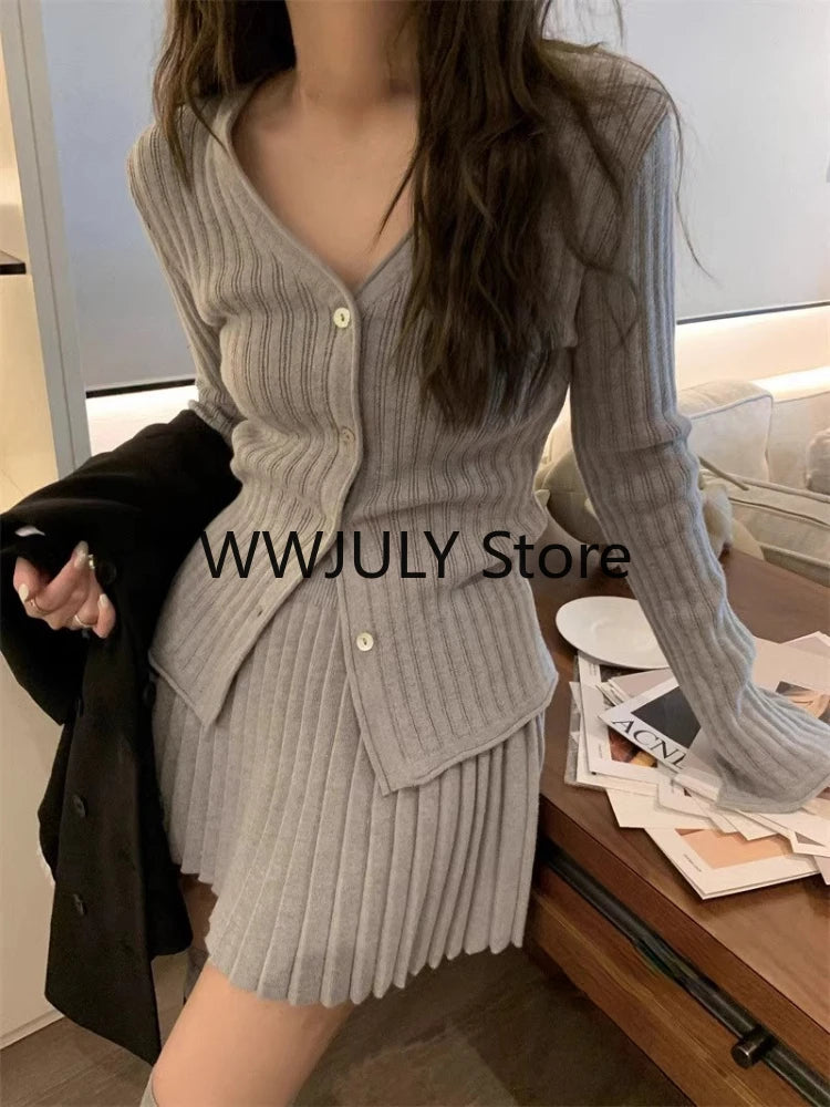 JazzHer 2024 Autumn Grey Knitted Suit for Women Korean Slim Short Cardigan Top High Waist Fashion Skirt Suit Outfit 2 Piece Set Chic