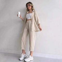 JazzHer Tracksuit Two Pieces Harem Pants Matching Sets Loose Solid Single Breasted Blouses Casual Drawstring Pant Sets Sports 2024