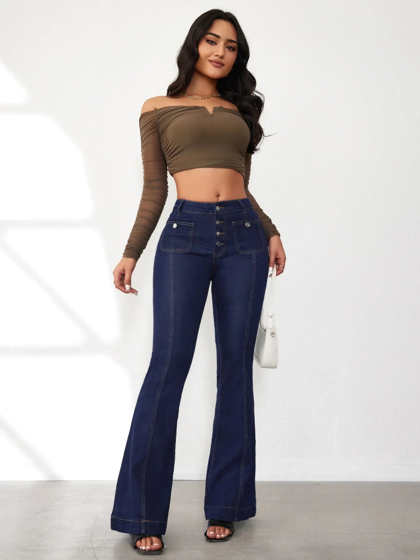 JazzHer Jeans Women Flare Pants Denim High Waist Slim Fit Vintage Pockets Buttons Basics Ankle Length Trousers Solid 2024 Casual Denims