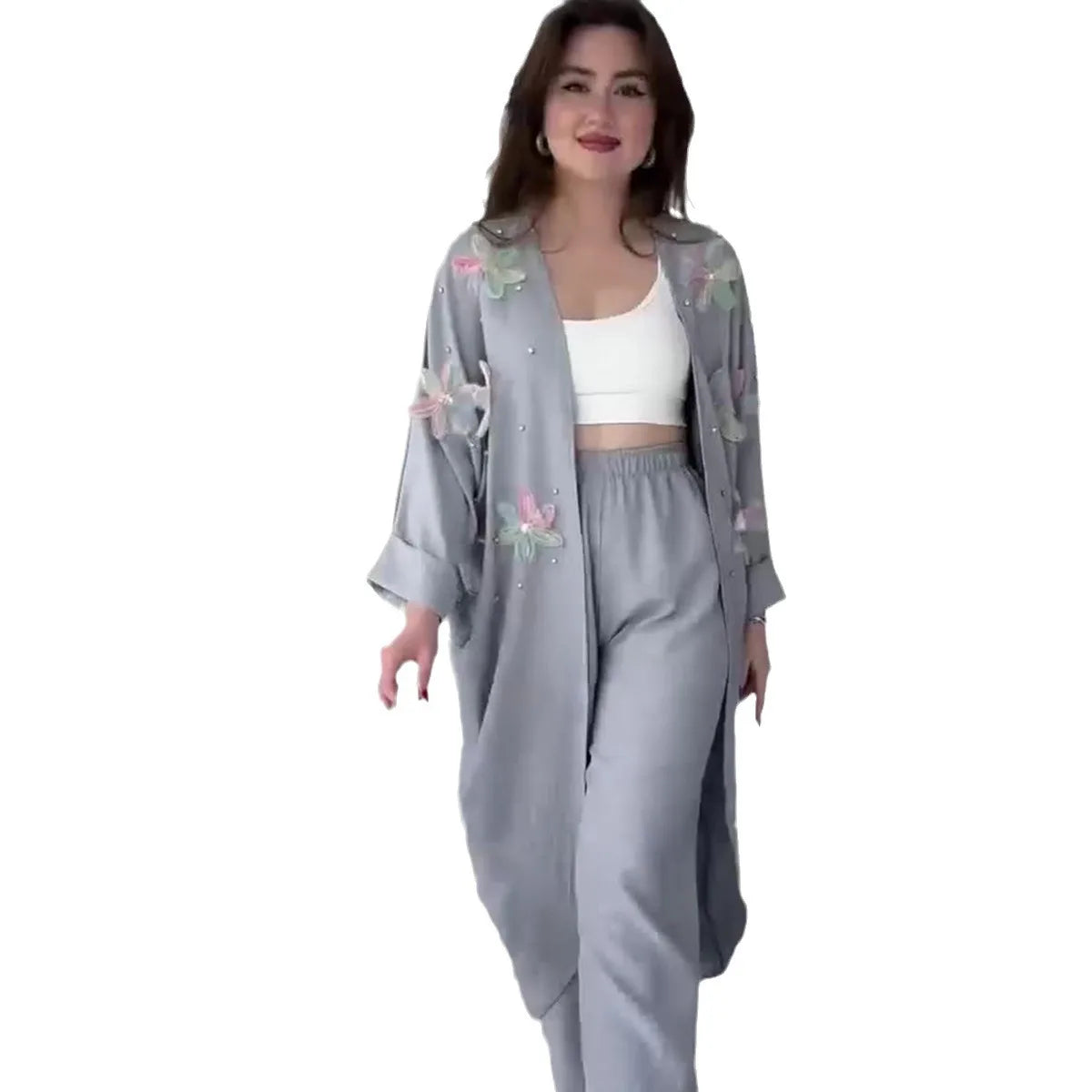 JazzHer Women Pant Sets Tracksuit Print Long Sleeve Outerwear Cardigan Pockets Loose Fit Straight Pants Casual Matching Sets Pearls