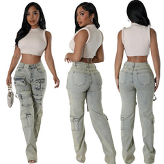 JazzHer Distressed Jeans Women Straight Pants Pockets Button Zipper Fly Vintage Streetwear Solid Colour Full Length Denim Trousers