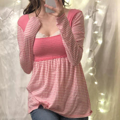 JazzHer Preppy Kawaii Y2K T-shirt Women Grunge 00s Vintage Striped Crop Tops Fairy Cottage Long Sleeve Square Collar Milkmaid Tees