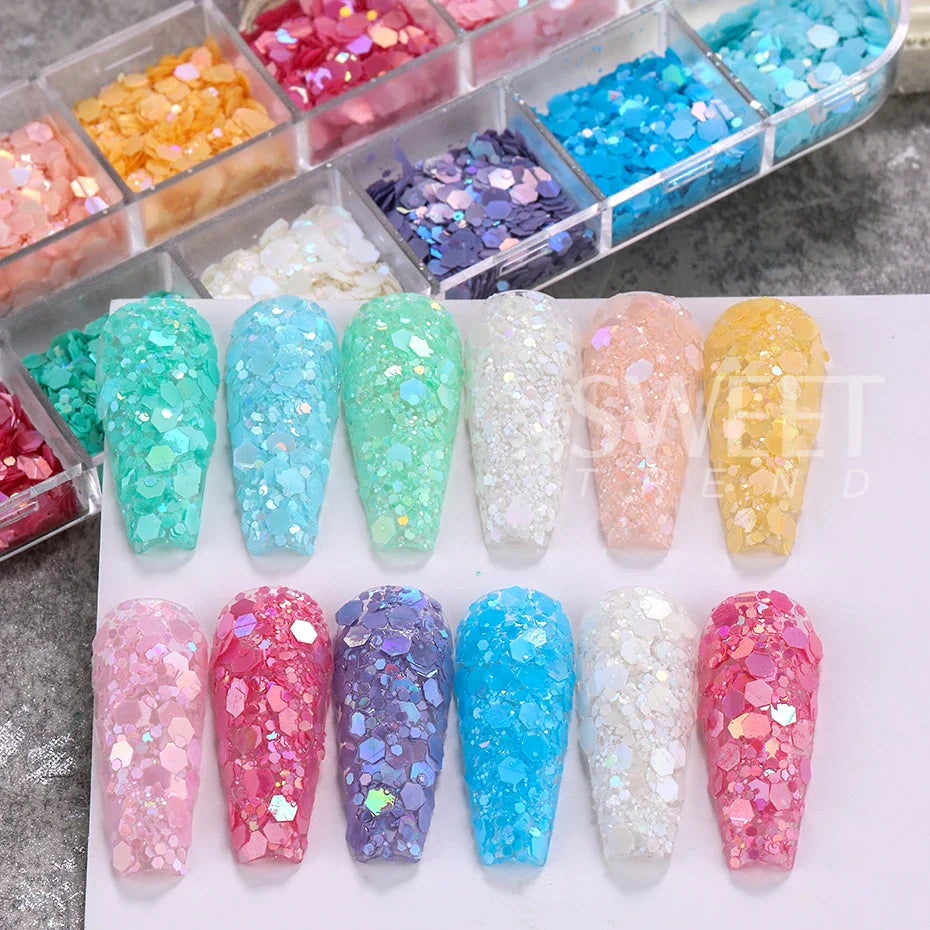 JazzHer 12 Colors Chameleon Nail Glitter Sequins Mermaid Mirror Hexagon 3D Flakes Paillette Laser Spangles Polish Summer Manicure Tips