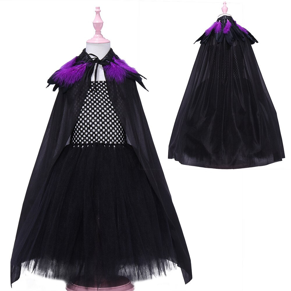 JazzHer Halloween Awakecrm Black Dress For Girls Halloween Costume Evil Witch Kids Cosplay Costume Children Carnival Gown Girl Tutu Dress With Cloak