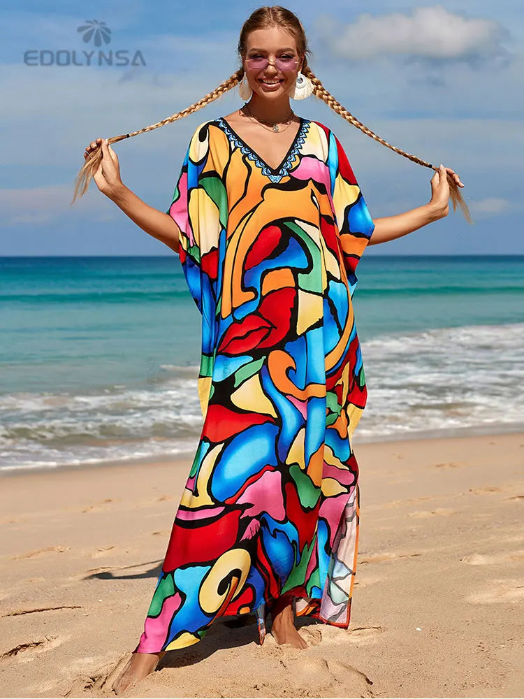 JazzHer Bohemian Butterfly Printed V Neck Batwing Sleeve Dresses For Women Clothing 2023 Beach Wear Causal Long Dress Vestidos Q1342