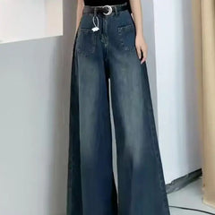 JazzHer Women Vintage Jeans Basics Wide Leg Pants High Waist Pockets Button Solid Colour Full Length Denims Casual Straight Trousers