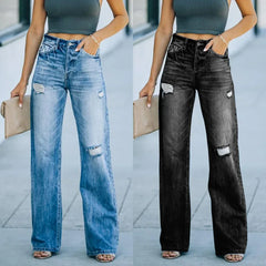 JazzHer Women Jeans Wide Leg Pants Holes Washing Ankle Length Pants Denim Pockets Solid Color Spring 2024 Loose Fit High Street