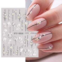 JazzHer 5D Simple Flowers Nail Embossed Stickers Elegrant Wedding Design Adhesive Sliders Summer Textured Engraved Decoration LYSTZ5D-30