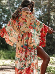 JazzHer 2024 Bohemian Floral Printed Front Open Summer Women Beach Wear Wrap Dress Chiffon Tunic Sexy Sarongs Robe De Plage Pareo Q751