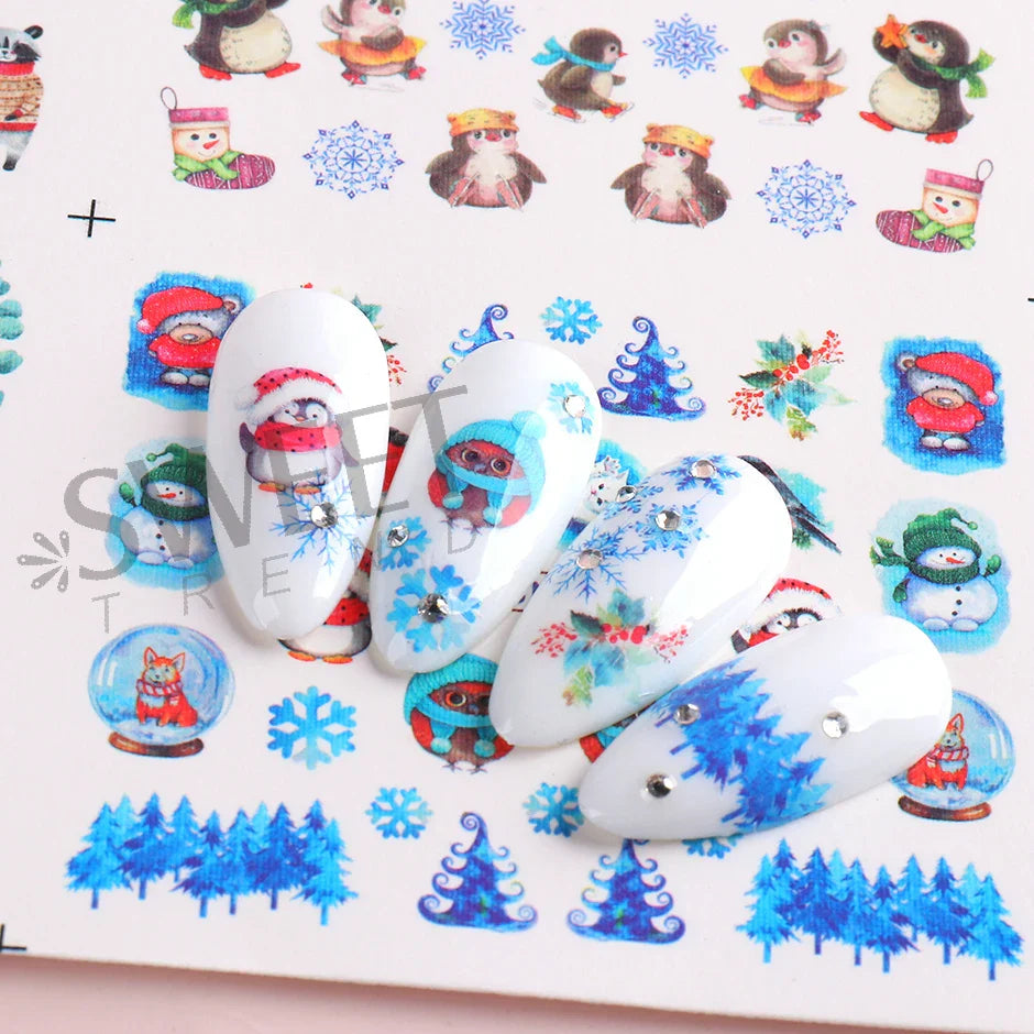 JazzHer 12pcs Cute Sweater Penguin Nail Water Decals Cartoon Cat Bunny Design Transfer Sliders Winter New Year DIY Decoration Wraps LYBN