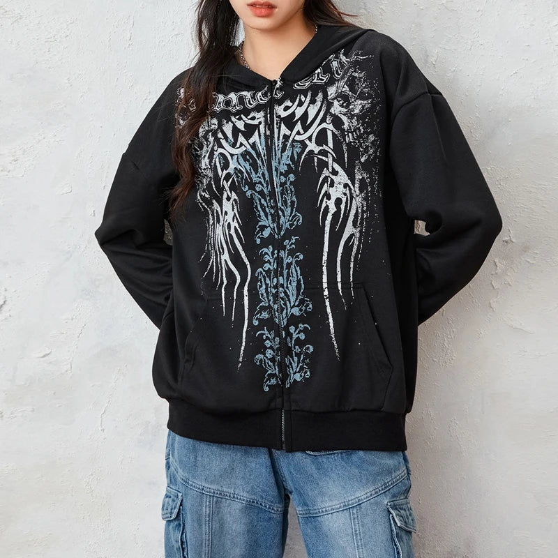 JazzHer 2024 Fall Fashion Graphic Print Zip Up Hoodie 00s Retro Cyber Y2K Sweatshirt Wings Grunge Emo Goth Jacket Coat Women Men Aesthetic Streetwear