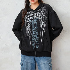 JazzHer 2024 Fall Fashion Graphic Print Zip Up Hoodie 00s Retro Cyber Y2K Sweatshirt Wings Grunge Emo Goth Jacket Coat Women Men Aesthetic Streetwear