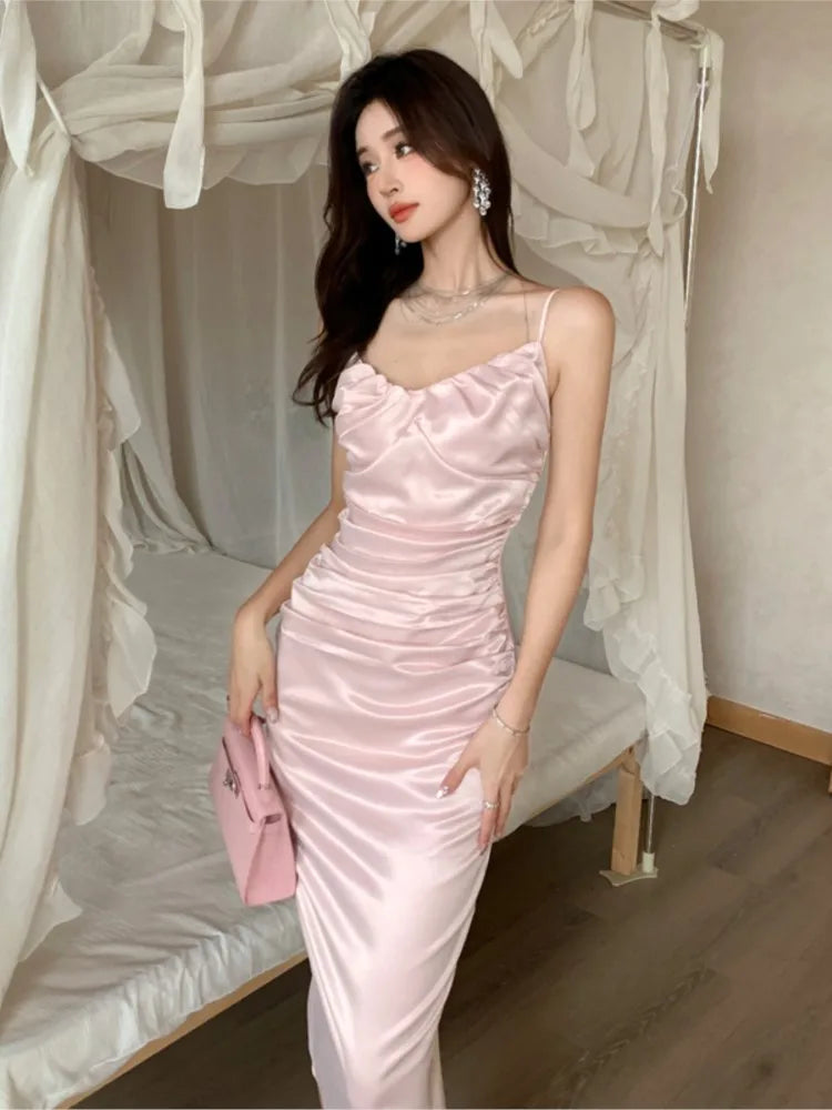 JazzHer Sexy Bodycon Pink Satin Midi Dress Women New Summer Spaghetti Strap Slim Backless High Split Evening Party Dresses Prom Vestido