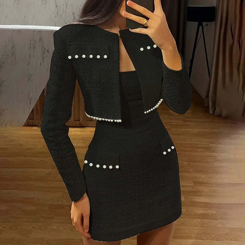 JazzHer 2025 Fashion Evening Party Two Piece Set Pearl Long Sleeve Top Mini Skirt Women Set Elegant Autumn 2 Piece Set Women