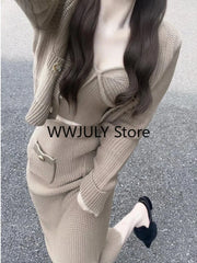 JazzHer 2024 Fall Fashion Elegant Knitted 3 Piece Set Woman Fashion Suit Casual Sweater Cardigan + Sexy Vest + Slim Bodycon Midi Skirt Office Lady 2024