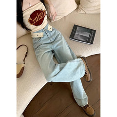 JazzHer Women Jeans Cuffs Wide Leg Pants High Waist Pockets Button Solid Colour Vintage Full Length Straight Trousers Casual Denims