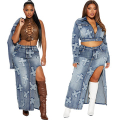 JazzHer Vintage Washed Sexy Denim Wrap Buttocks Skirts Women Dress Sets Ankle Length Dress Slim Embroidery Spliced Coats Pockets