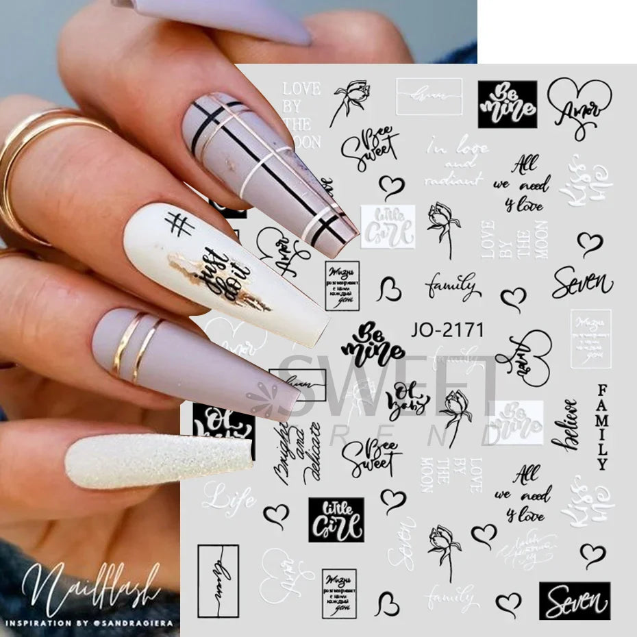 JazzHer ABC Word Black Letters Nail Sticker for 3D Nails Art Decorations Design Sliders Abstract Face Decals Foil Manicure Accessories