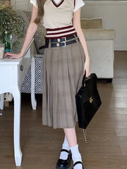 JazzHer- Vintage Long Plaid Skirt Women High Waist A-line Korean Fashion Preppy Midi Pleated Skirt Autumn Winter School Uniform