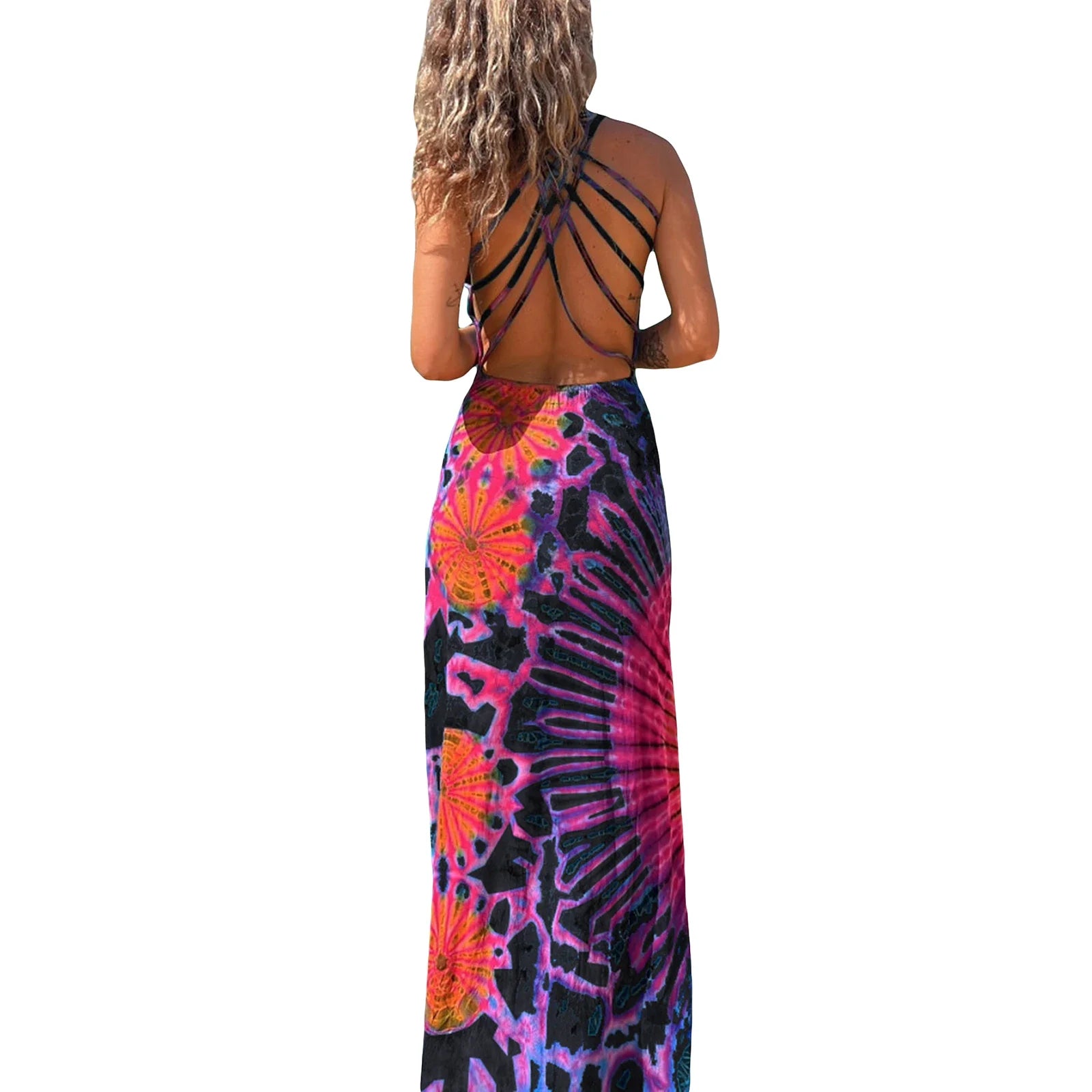 JazzHer Women Summer Y2k Tie Dye Long Dress Sexy Sleeveless Open Back Bandage Colorful Dress Floral Print Beach Party Vestido