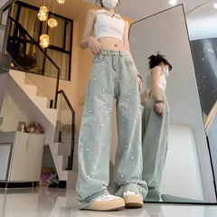 JazzHer Women Jeans Beading Wide Leg Pants Denim Jean Washing High Waist Loose Fit Pockets Basics Full Length Pants Slight Strech 2024