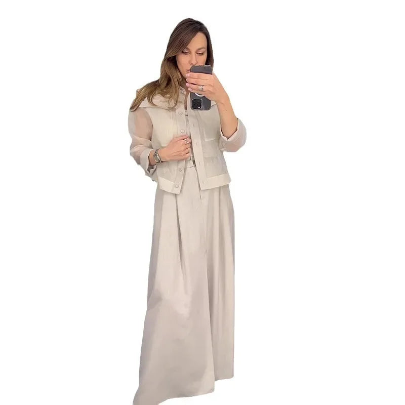 JazzHer 2 Piece Sets Women Outfits Coat Wide Leg Pants Suit Pocket Single Breasted Turndown Collar Jacket Loose Trousers Casual Ensemble