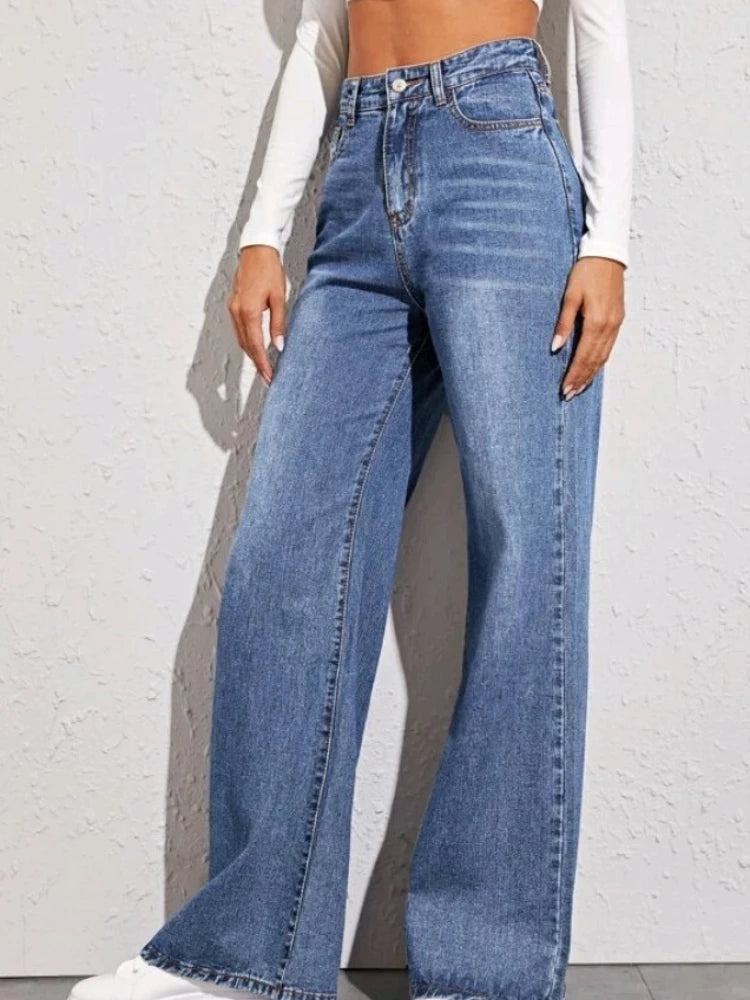 JazzHer Women Denim Wide Leg Pants Jeans Washing Loose High Waist Pockets Zipper Fly Solid Ankle Length Basics 2024 Distressed