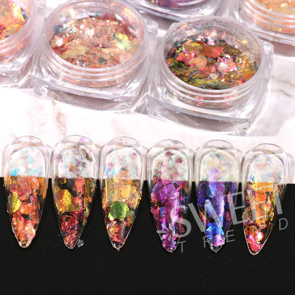 JazzHer 6Box Flashy Aurora Opal Flakes For Nails Holographic Fire Cloud Brocade Powder Sequins Crystal Paillettes Manicure Decor LYYFH-A