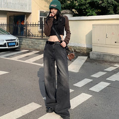 JazzHer Denim Straight Buttoned High Waist Streetwear Jeans Vintage Slight Blue Jeans Long Pants Y2k Work Summer Blue Jeans Capris 2024