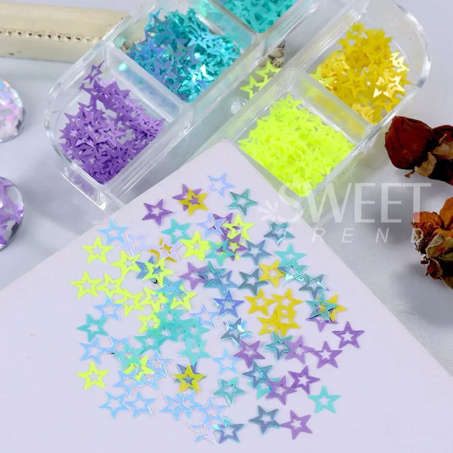 JazzHer 6 Grids Mixed 3D Star Design Nail Glitters Holographic Glitter Sequins DIY Nail Art Decoration Paillette Flakes Slices Manicure