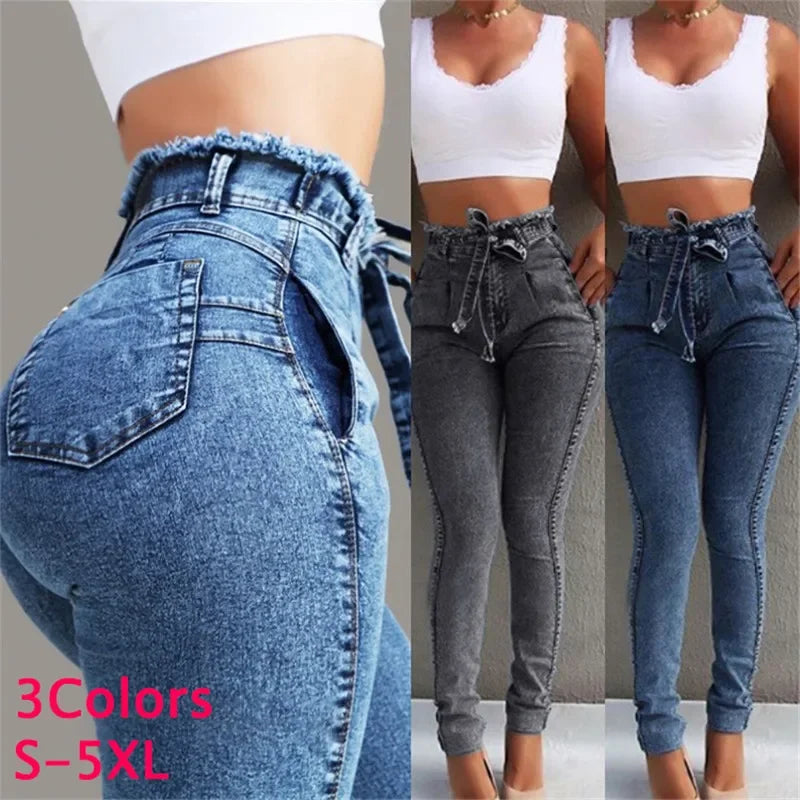 JazzHer High Waist Denim Jeans Solid Vintage Washed Skinny Women Jean Pencil Pants Ankle Length Pockets Sheath Basics 2024