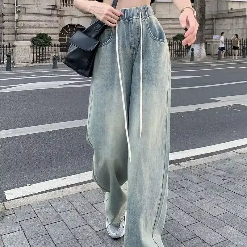 JazzHer Vintage Drawstring Jeans Women Straight Wide Leg Pants High Waist Pockets Full Length Trousers 2024 Female Denims Streetwear