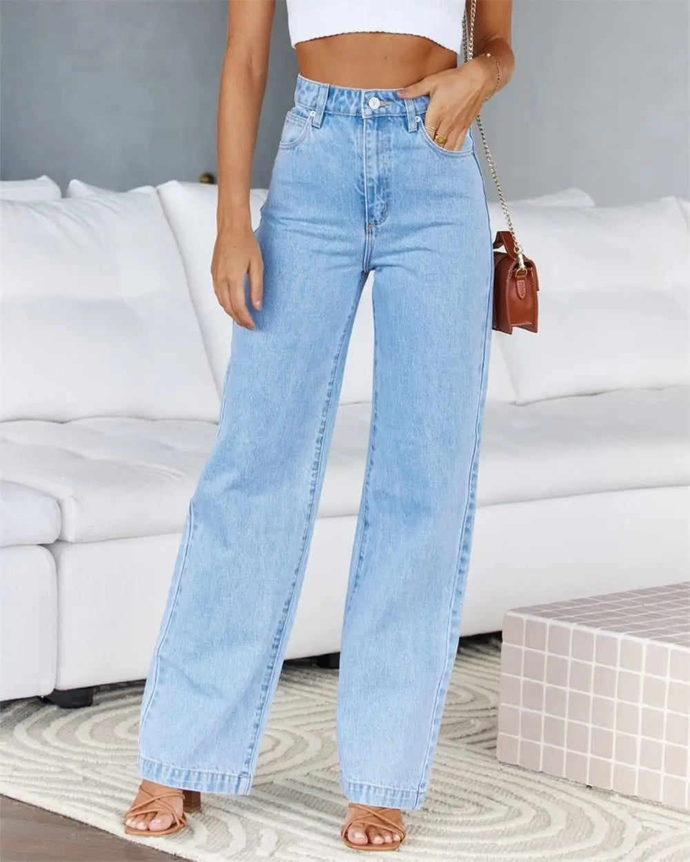 JazzHer Denim Women Jeans Straight Pants Washing High Waist Loose Fit Pockets Button Basics Solid Color Denims Casual Wide Leg Trousers