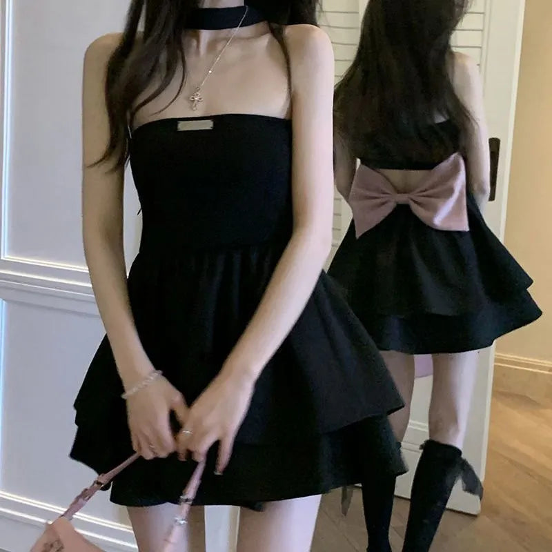 JazzHer-Summer Black Strap Kawaii Dress Women Casual Bow Sweet Party Mini Dress Female Casual Korean Fashion Elegant Cute Dress 2024