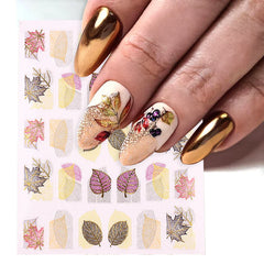 JazzHer Iridescent Gold Maple Leaves Nail Art Stickers Leaf Vein Texture Dreamcatcher Design Laser Winter Manicure Decal Wraps LYSW-T025