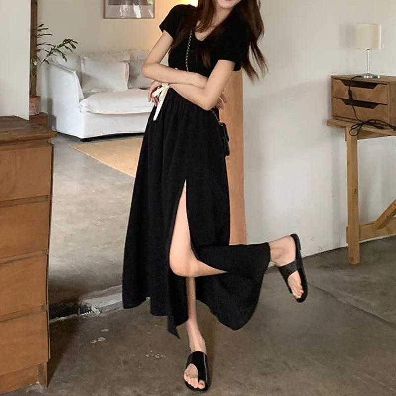 JazzHer Korean Style Fashion Elegant Slit Dress for Women Fairy Slim Fit Dress Tighten The Waist Women 2024 New Spring Summer Dress