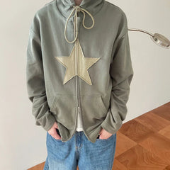 JazzHer 2024 Fall Fashion 2000s Retro Harajuku Grunge Sweatshirt Y2K Vintage Star Patched Zip Up Hoodies Korean Fashion Autumn Spring Outerwear Coat