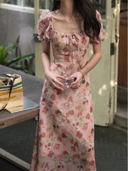 JazzHer French Vintage Floral Printed Midi Dresses for Women Summer Puff Sleeve Square Collar Slim Party Dress Casual One Piece Vestido