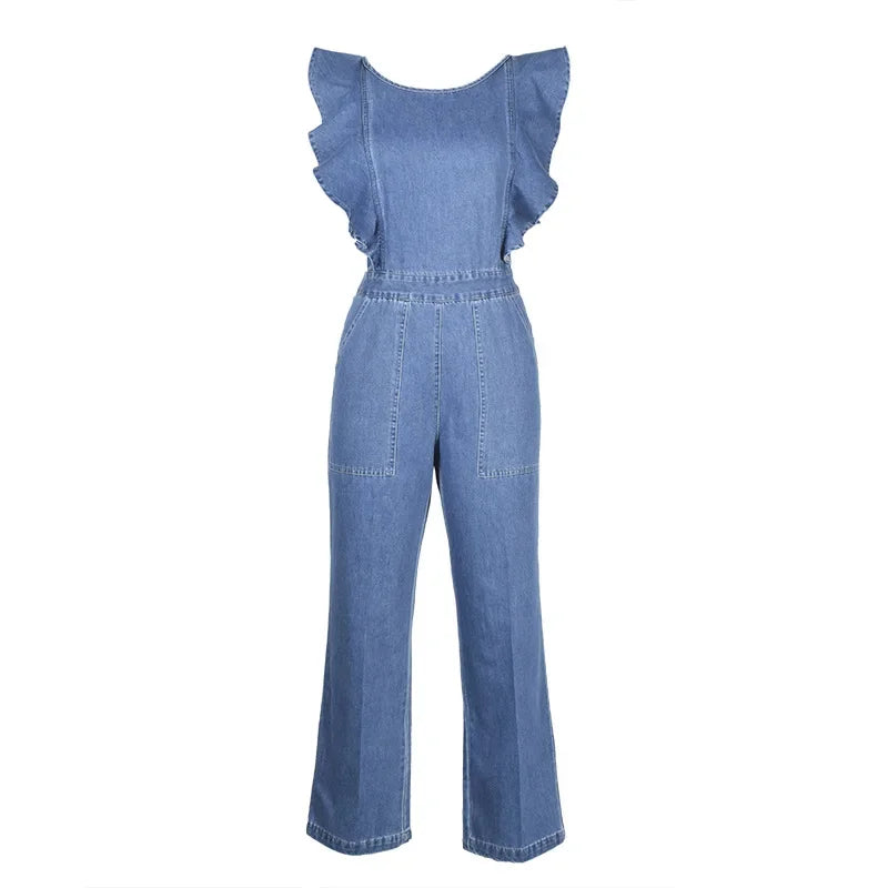 JazzHer Blue Denim Overalls Jumpsuit Rompers Women Ruffles Backless Autumn 2020 New Lady Casual Fashion Female Pants Hot Jeans KALENMOS